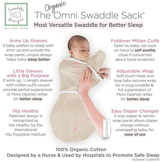 SwaddleDesigns Organic 6-Way Omni Swaddle Sack Arms Up Swaddle for Newborn, More Options to Calm Startle Reflex, Improves Sleep, 12-18 lbs, Sand Dollar