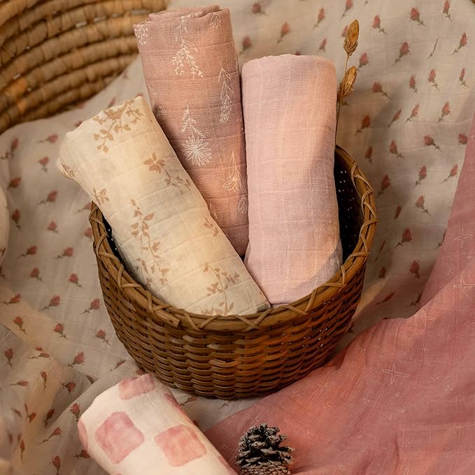 Muslin Swaddle Blankets for Newborn, 4 Pack Cotton Baby Blankets for Girls, Large 31.5 x 43.3 Breathable Soft Receiving Blanket, Essentials Swaddle Wrap Burping Clothes, Flowers
