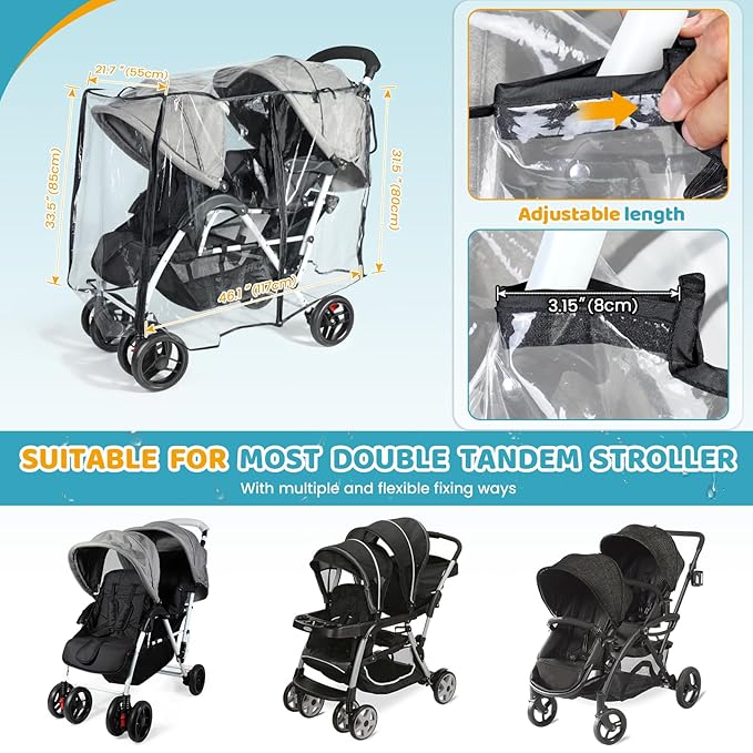 IvyWind Stroller Rain Cover for Double Tandem Stroller, Universal Size Weather Shield for Stroller, Breathable Double Stroller Cover for All-Weather Protection from Rain Snow Dust