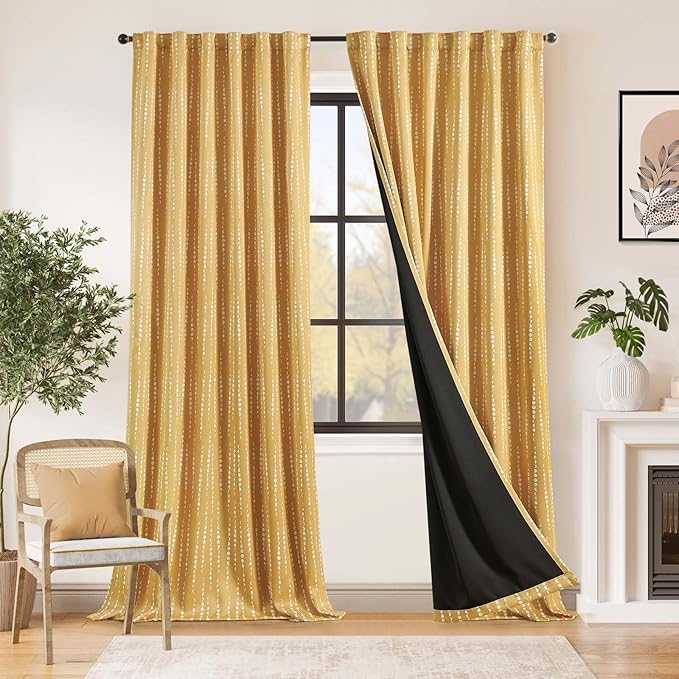 jinchan 95% Blackout Boho Curtains 96 Inches Long Mustard Moon Phases Printed Drapes Rod Pocket Thermal Insulated Curtains for Bedroom Nursery Yellow Window Drapes Curtain Set 2 Panels