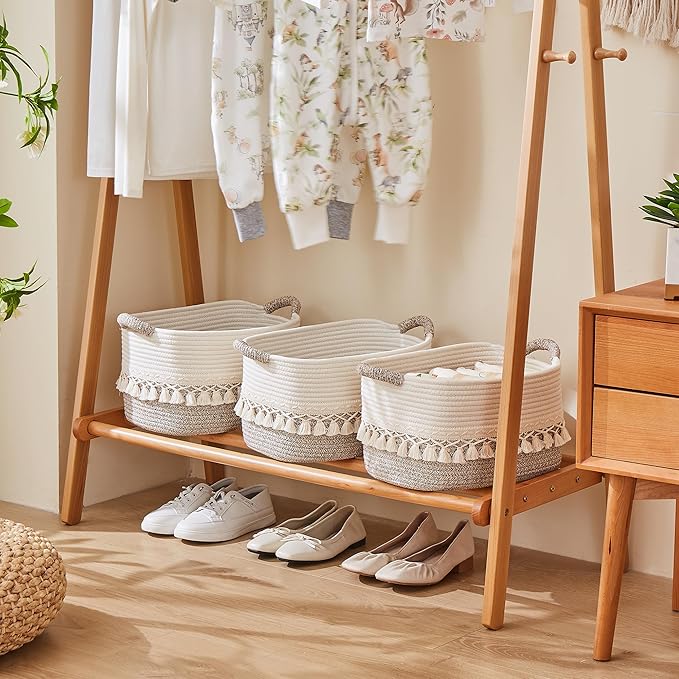 Storage Bins Woven Baskets for Storage Set of 3, Cotton Rope Basket with Handles for Toys/Shelves/Laundry, Rectangle Multi-Purpose Organizer for Living Room, Bedroom, Nursery (White/Beige)