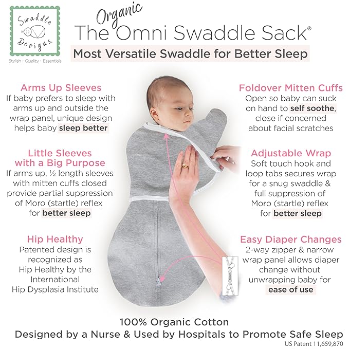 SwaddleDesigns Organic 6-Way Omni Swaddle Sack Arms Up Swaddle for Newborn, More Options to Calm Startle Reflex, Improves Sleep, 12-18 lbs, Heathered Gray