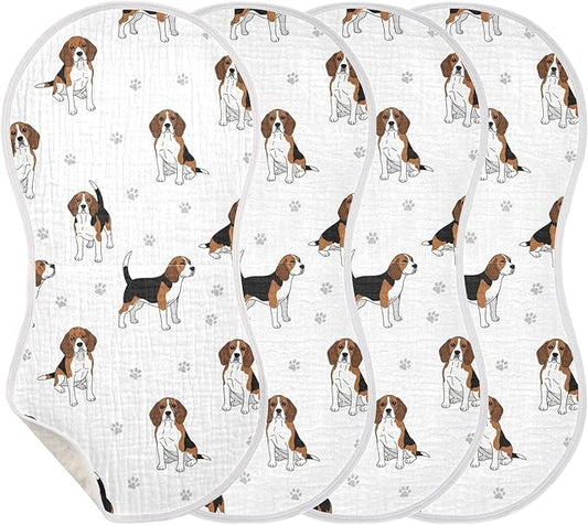 Qinllo 4 Pack Muslin Burp Cloths Beagle Dogs Paw White Cotton Baby Burp Cloths Extra Absorbent and Soft Burping Cloth for Newborn Babies Boys Girls 22x11 Inch