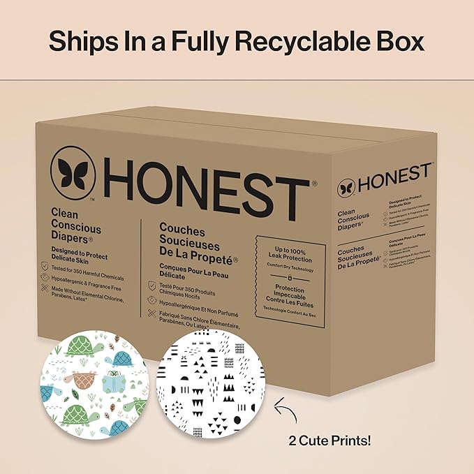 The Honest Company Comfort Dry Disposable Diapers for Sensitive Skin, Hypoallergenic, Barnyard Babies + Pattern Play, Super Club Box Size 2 (12–18 lbs), 124 Count