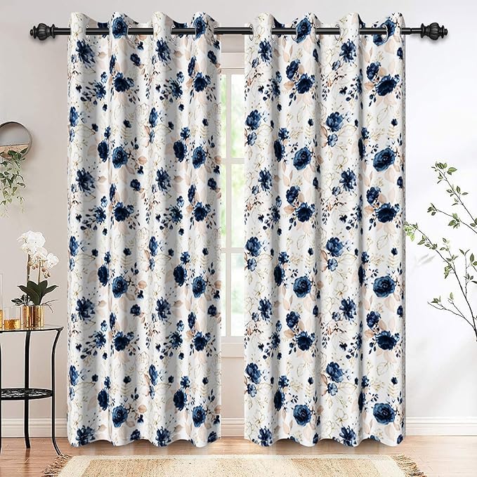Renaiss Blue and White Floral Blackout Curtains Gold Line Rose Flowers Thermal Insulated Window Drapes for Bedroom 29W x 45L inches 2 Panel Set Window Curtain Panels for Kitchen