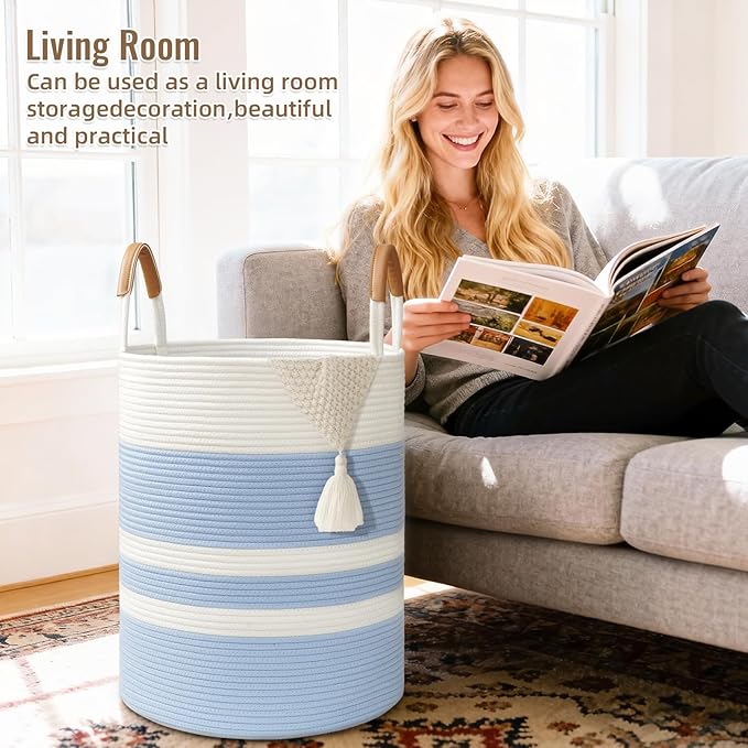 60L Striped Laundry Basket, Blue Laundry Hamper with Leather Handles, Woven Cotton Rope Storage Bin for Blankets, Nursery Hamper for Clothes, Toys In Bathroom, Livingroom, Bedroom