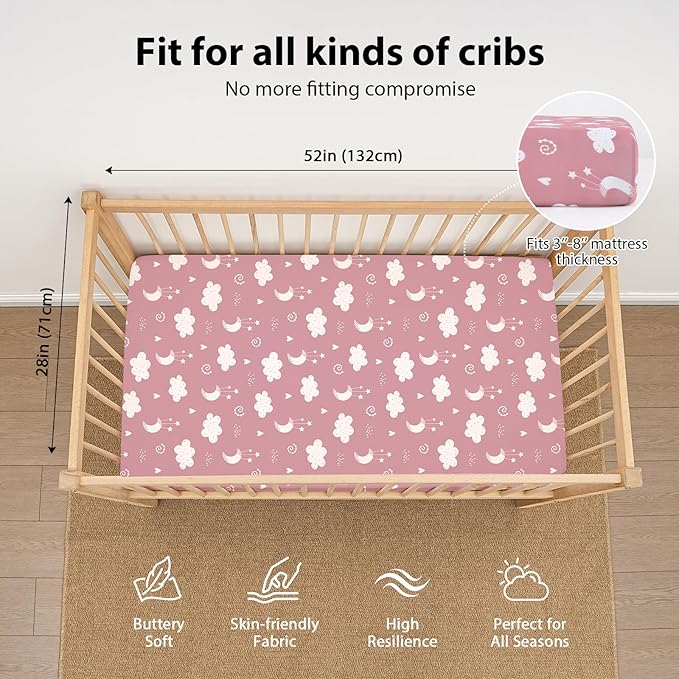 Baby Crib Sheets Girl, 3 Pack Toddler Bed Sheets Fit for 52”x28” Standard Crib and Toddler Mattresses, Super Soft Microfiber Pink Stars