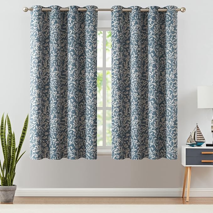 jinchan 80% Blackout Curtains for Bedroom, Farmhouse Drapes with Scroll Floral Patterned for Living Room, Grommet Top Thermal Insulated Curtains, Vintage Country Drapes 63 inch Length 2 Panels Blue