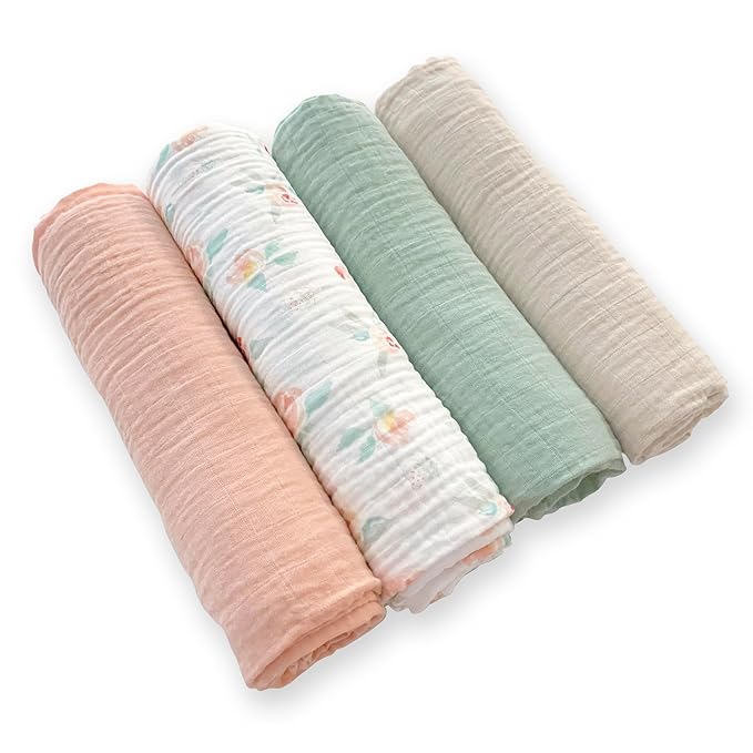 SwaddleDesigns Cotton Muslin Swaddle Blankets for Baby Girl, Set of 4, Receiving Blankets for Newborn, Baby Registry & Gift, 46x46 inches, Watercolor Peachy Pink Floral