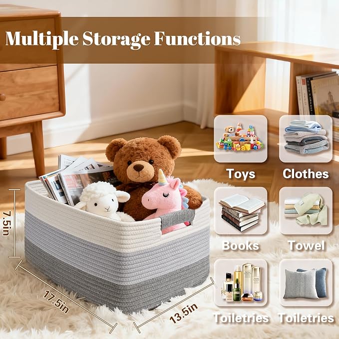 3 Pack Large Storage Basket for Organizing, 17.5"x13.5"x7.5" Woven Basket for Shelves, Closet Cube Storage Bins with Wrapped Handle, Cotton Rope Baskets for Kitchen, Clothes, Toys(Gradient Grey)