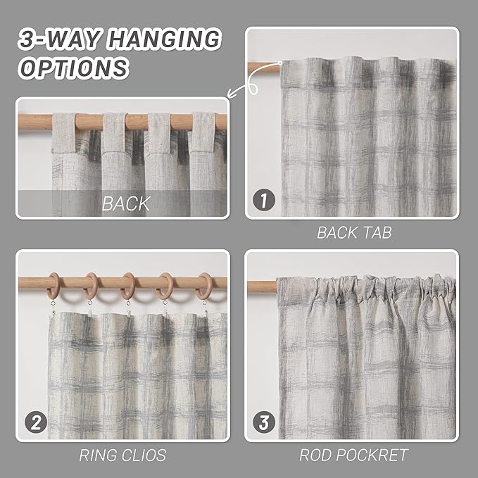 MYSKY HOME Linen Semi Sheer Curtains 63 Inch Length for Living Room, Farmhouse Style Window Curtains Light Filtering Privacy Protect Decorative Texture Soft Touch, 50"x63", 2 Panels