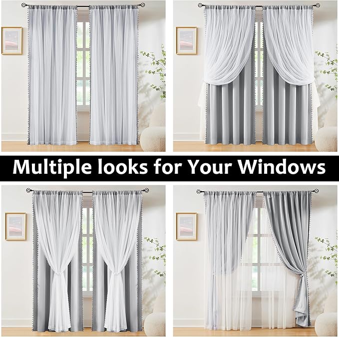 Treatmentex Pom-Pom Blackout Curtains with Sheer Overlay for Living Room Bedroom Kid's Nursery Room, Grey Mix and Match Double Layer Room Darkening Window Curtain Panels with Tie Backs, 2 pcs, 52x84