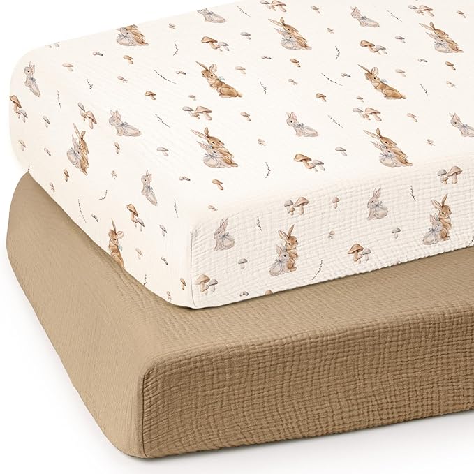 lulumoon Baby Muslin Crib Sheets: Soft & Breathable Fitted Crib Sheets for Boys and Girls - Khaki Bunny Sheets for Standard Crib 2Pack