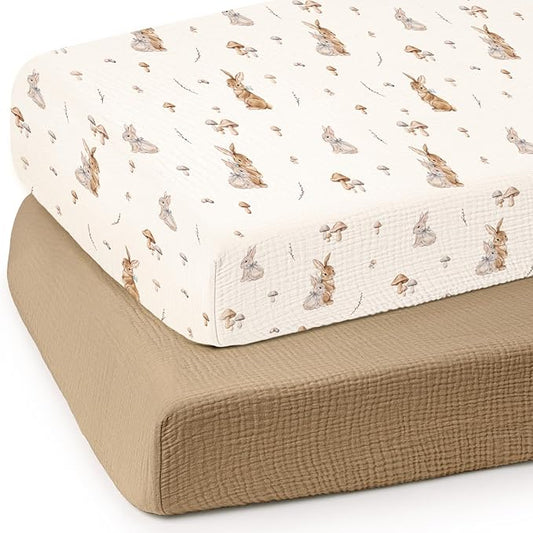 lulumoon Baby Muslin Crib Sheets: Soft & Breathable Fitted Crib Sheets for Boys and Girls - Khaki Bunny Sheets for Standard Crib 2Pack