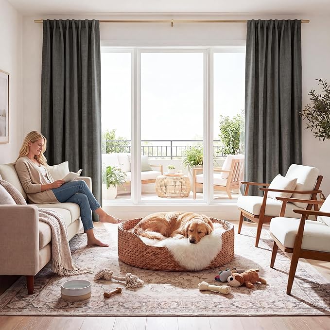 RYB HOME Grey 100% Blackout Linen Curtains 78 inch Long, Thermal Insulated & Privacy Assurd Home Decor Drapes for Bedroom/Office/Nursery, Rod Pocket & Back Tab Window Treatment, W52 X L78, 2 Panels