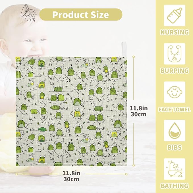 vvfelixl Baby Cotton Washcloths Funny Frogs Infants Bath Towel for Unisex Face Towels for Newborn, Natural Baby Wipes Delicate Skin, 11.8 X 11.8 inch, one sizex3