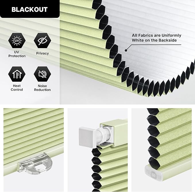 LazBlinds Cordless Cellular Shades, No Tools No Drill Blackout Honeycomb Shades Pleated Blinds for Windows, 34" W x 64" H, Green