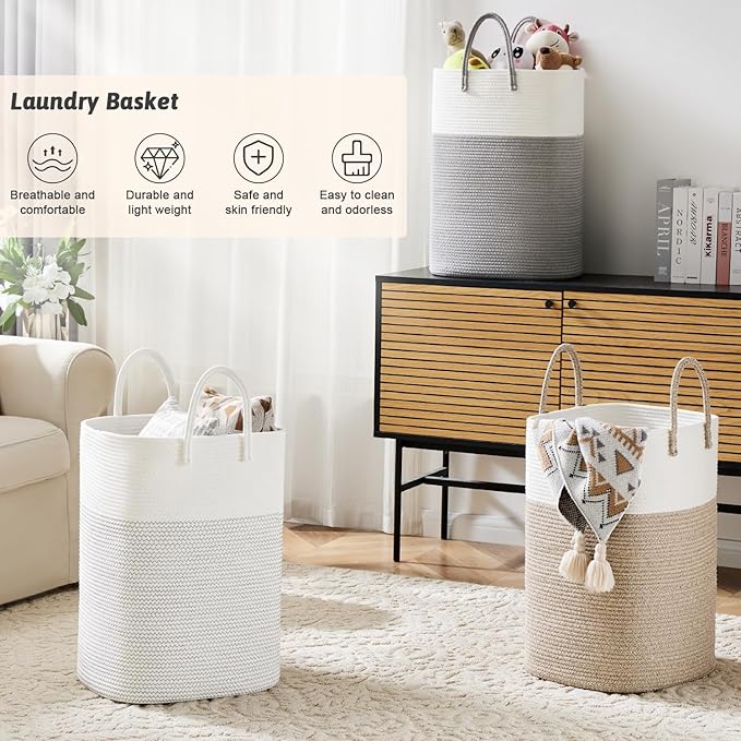 Laundry Basket,Woven Cotton Rope Laundry Hamper,Versatile Storage for Dirty Clothes,Baby Toys,and Blankets in Bathroom, Nursery,and Living Room (White, 80L)