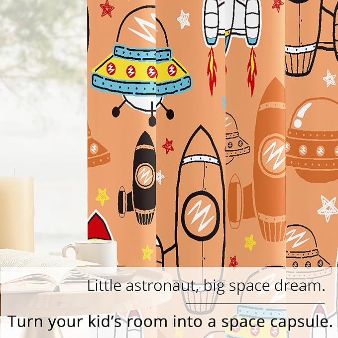 Kids Space UFO Rocket Blackout Curtains - 100% Blackout, Thermal Insulated, Noise Reducing, Perfect for Kids Room and Nursery, 2 Panels (Sunny Space Parade, W52×L84)
