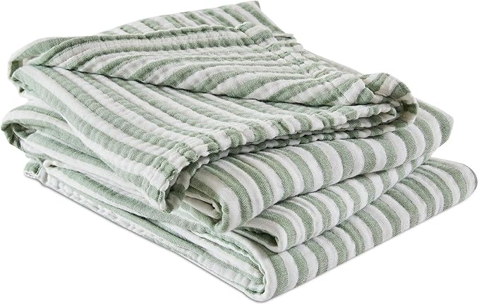 EMME Cotton Muslin Twin Blanket Breathable Gauze Soft Lightweight Adults Gifts for Women (Striped Sage Green, 60"x80")