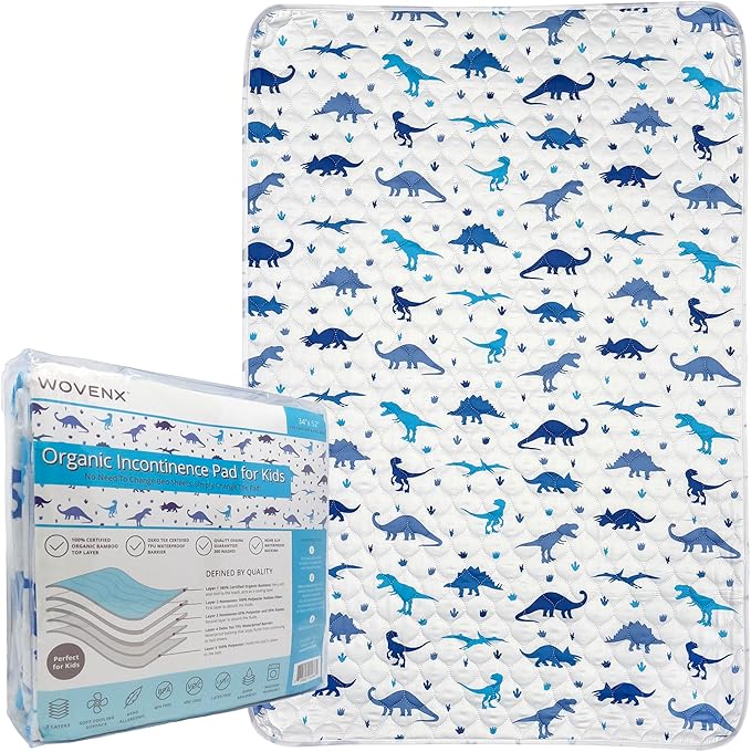 WOVENX Organic Incontinence Pads for Kids & Toddlers - 5 Layer Waterproof Protectors for Overnight Bed Wetting - Reusable & Washable Pee Pads - Fits Twin to Full Size Beds - 34" x 52" Dinosaur