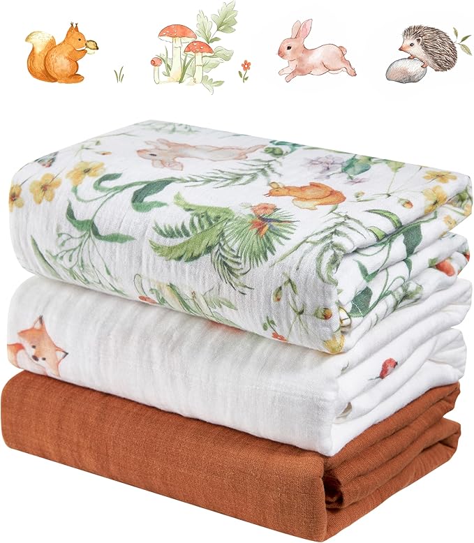 3-Pack 100% Cotton Muslin Swaddle Blankets, Large 47 x 47 Inches — Breathable Soft Receiving Blankets for Newborns, Swaddling Wraps, Registry Gift (Playful Forest Animals)
