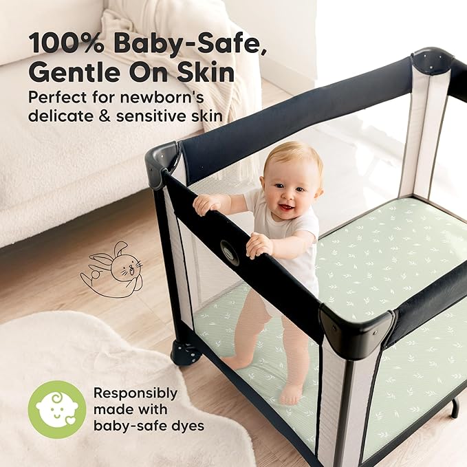 Pack and Play Sheets Fitted - 2-Pack Mini Crib Sheets for Pack N Play Mattress 38x26, Soft & Cozy, Neutral Toddler Playard Bedding, Snug Fitted Mini Baby Crib Mattress Cover Boy, Girl (Herb)