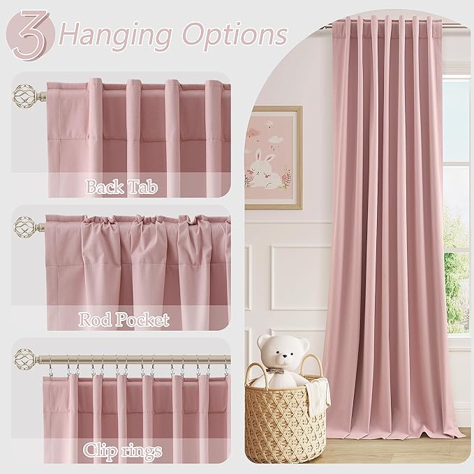 Guken 100% Blackout Linen Curtains 120 Inch 2 Panels Set for Girl's Bedroom, Living Room, Nursery, Back Tab Thermal Insulated Black Out Drapes Room Darkening, Pink