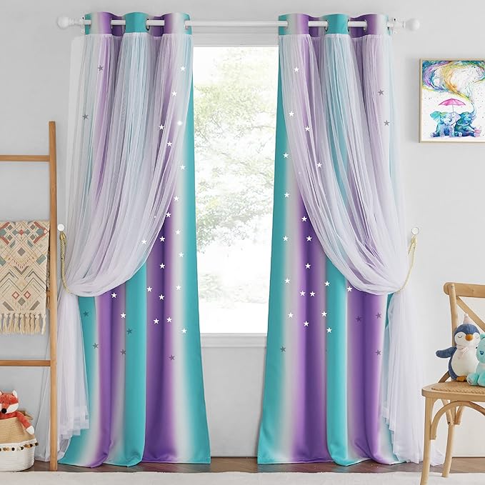 NICETOWN Nursery Blackout Curtains - Thermal Insulated 84 inches Long Girls Bedroom Drapes Ombre Rainbow Star Hollow-Out Curtains for Nursery, 2 Panels, Teal & Purple, 42" Wide per Panel