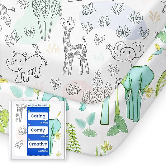 TotBasic Mini Crib Sheets Boy Girl, Ultra Soft Pack N Play Sheets Fitted, Neutral Pack and Play Mattress Sheets, Premium Jersey Knit Portable Crib Sheets, Secure and Cute, Elephant & Cartoon Safari