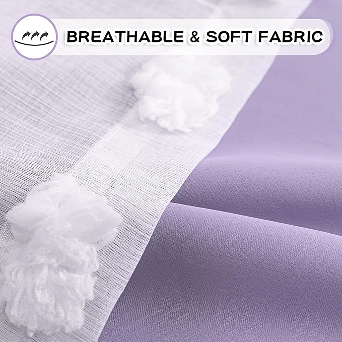 MYSKY HOME Lilac Curtains for Living Room 84 Inches Long Pom Pom White Sheer Curtains for Girls Room Nursery Curtains Double Layer for Toddler Bedroom Grommet Room Darkening Window Panels 52 x 84 in