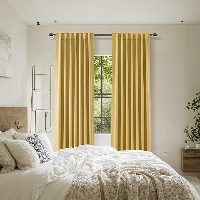 Guken 100% Blackout Curtains 84 Inch Length 2 Panels Set for Living Room Bedroom Back Tab Thermal Insulated Black Out Linen Drapes Room Darkening Window Curtains 84 Inches Long,Gold