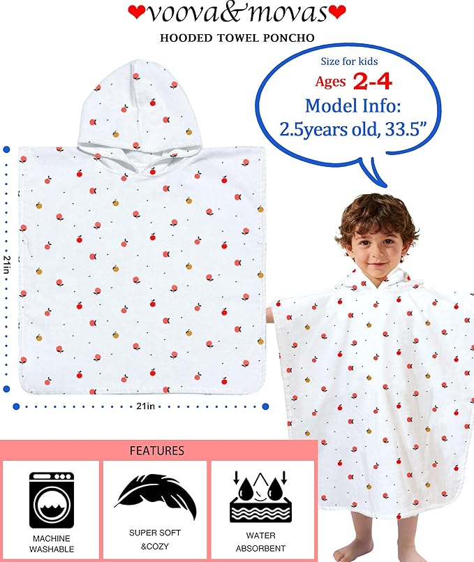 VOOVA & MOVAS Toddler Towel with Hood, Oversized (2-4Years,22"X22") Made from 100% Soft Cotton,Absorbent Hooded Poncho Towel for Baby Boy,Perfect for Pool | Swimming | Bath | Beach,Orange
