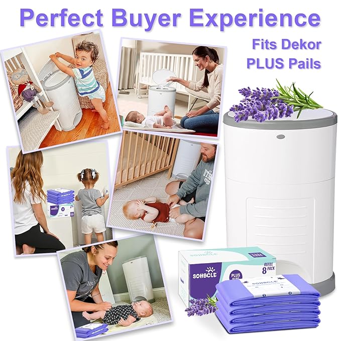 Diaper Pail Refill Bags Compatible with Dekor Plus Diaper Pail Refills 8 Pack Extra 12% Length,Holds up to 5336 Diapers,Extra 30% Thickness Powerful Odor Eliminate Lavender Scent for Baby/Adult