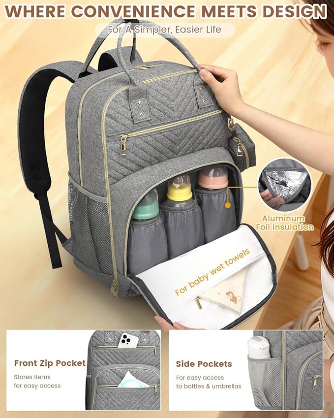 Diaper Bag Backpack,Baby Essentials Diapers Bag with Pacifier Case,Multipurpose Stylish Large Capacity Travel Backpack for Baby Girl/Boy(L-Grey)
