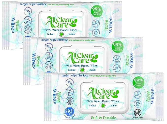 All Clear Care Baby Wipes, Unscented Wipes for Sensitive Skin, Large Soft Durable & 99% Water Based, Gentle & Hypoallergenic for Babies & Adults, Vitamin E and Aloe, Flip Top Lid, 3 Pack (240 Wipes)