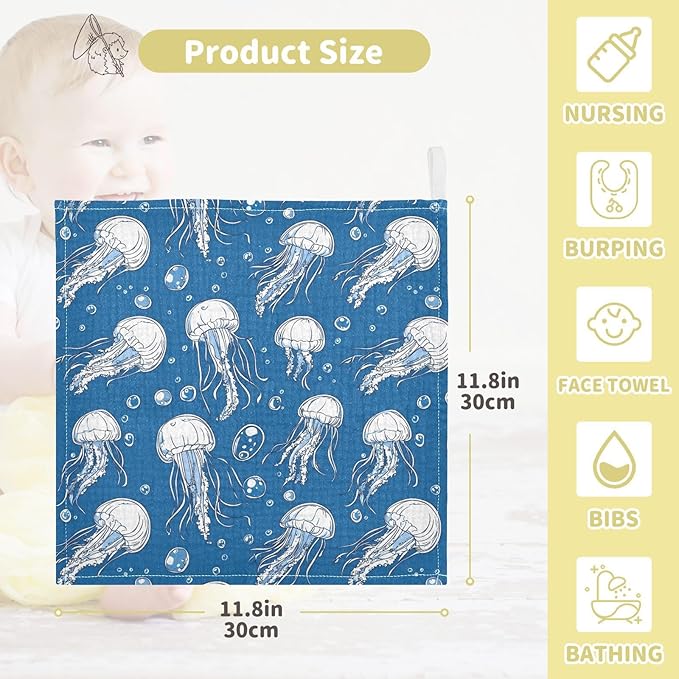 vvfelixl Jellyfish Bubbles Baby Burp Cloths Baby Muslin Washcloths for Boys Girls Cotton Babys Face Towel for Newborn Infants Soft and Absorbent 11.8 X 11.8 in, 5 Pack