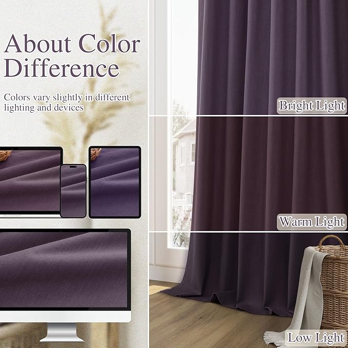 Guken 100% Blackout Curtains 80 Inch Length 2 Panels Set for Living Room Bedroom Back Tab Thermal Insulated Black Out Linen Drapes Room Darkening Window Curtains 80 Inches Long,Plum