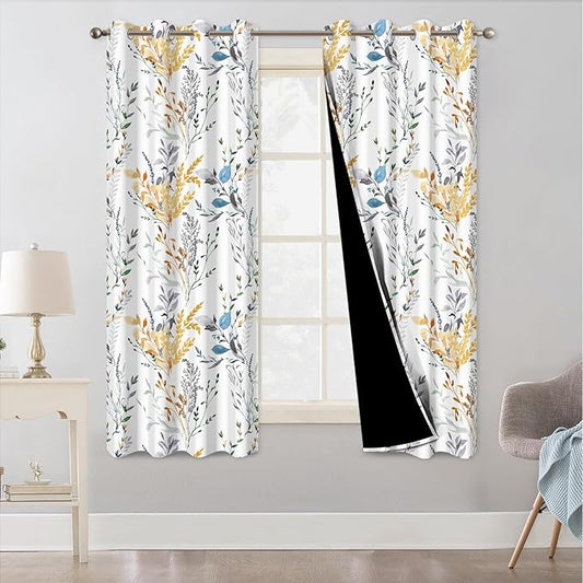 Floral Black Out Curtains 63 Inch Long, Patterned Blackout Curtains for Bedroom and Living Room, Farmhouse Privacy Soundproof Room Darkening Drapes 2 Panels Set, Thermal Curtains for Winter Insulated
