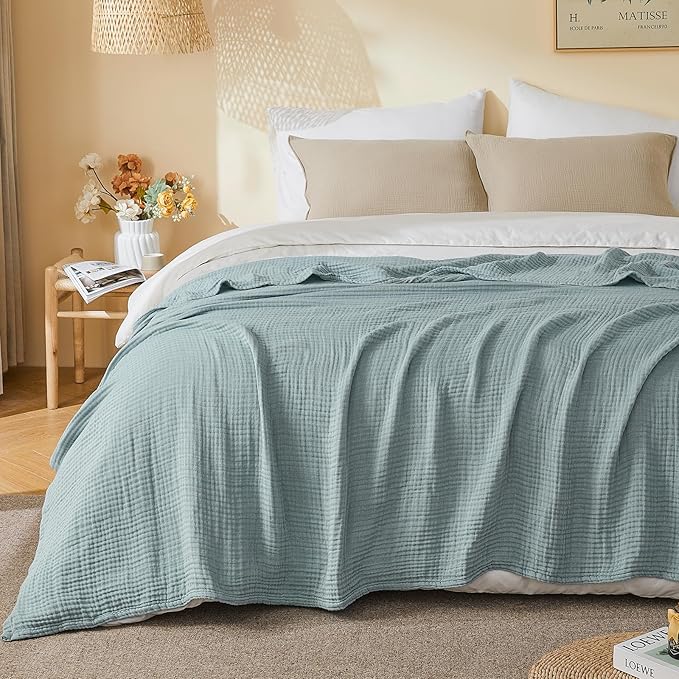 EMME Cotton Muslin Queen Blanket Bed Layering Bedspread Coverlet Breathable Gauze Soft Lightweight (Heather Teal, 90"x90")