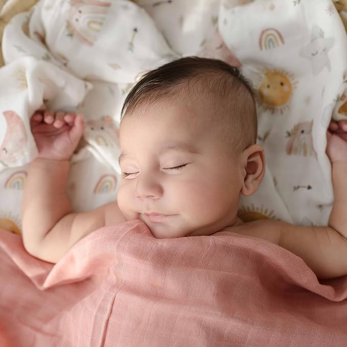 Muslin Swaddle Blankets for Newborns, Bamboo Viscose and Cotton Baby Blanket, Pink and Clouds 2-Pack, Breathable Receiving Blankets for Girls, 47x43