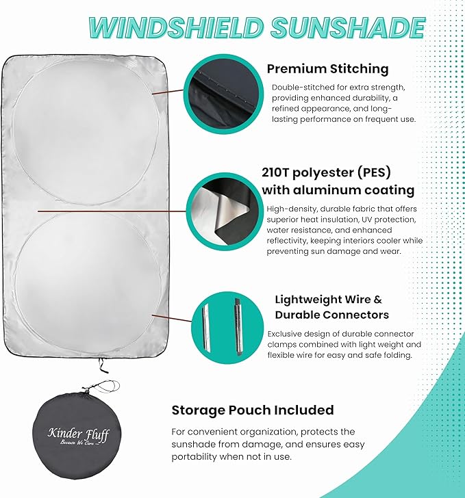 Kinder Fluff Windshield Sunshade | Reflective Patented Car Sun Protection - Certified 99% UVR Block - Cool Interior | Foldable Sun Visor Cover | Automotive Accessories for Summer Heat | Size L 63"x35"