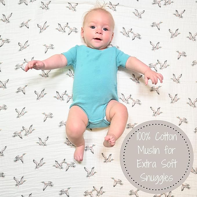 LollyBanks Muslin Swaddle Blankets 2PACK, 100% Cotton Baby Blanket 47 x 47 Inches, Large Baby Swaddle Breathable, Muslin Blankets for Boys and Girls (Mallard Duck and Grey)