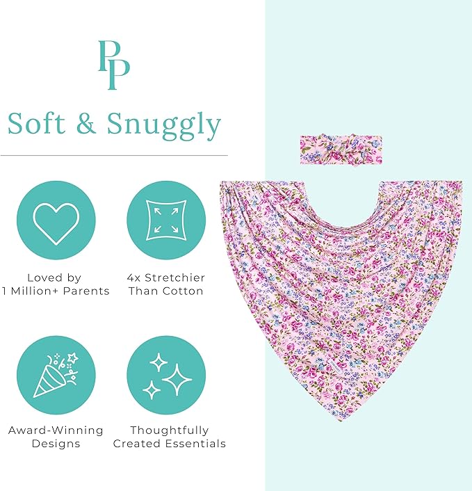 Posh Peanut Soft Baby Swaddle & Headband Set – Viscose from Bamboo Newborn Wrap Receiving Blanket, Nursing or Stroller Cover (Pixie)