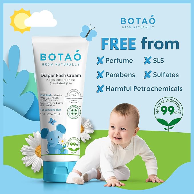 BOTAO Baby's Natural Diaper Cream | Organic Diaper Cream EWG Verified | Naturally Soothes Baby Rashes | Baby zinc Ointment Natural | For Sensitive Skin with Aloe Vera & Calendula, 2.5Oz (2 Pack)