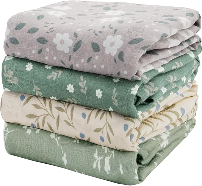 4 Set Muslin Swaddle Blankets for Newborn Baby Boys, Girls,Receiving Blankets-Cute Soft Print Baby Towel Wrap 120x110cm Baby