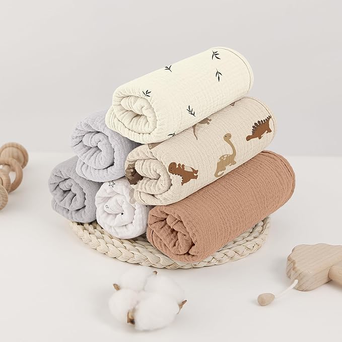 Bearmoss Muslin Burp Cloths, 100% Cotton Baby Burping Clothes, Large Extra Soft Absorbent for Unisex Newborn Boy and Girl, 20x10in, 6 Pack, Grey Print