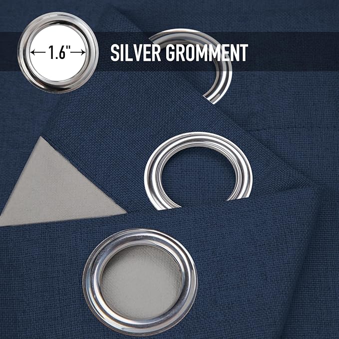 100% Blackout Shield Linen Blackout Curtains for Bedroom, Midnight Blue Grommet Curtains for Living Room, Thermal Insulated Room Darkening Drapes for Nursery, Boho Home Decor, 50"W x 108"L, 2 Panels