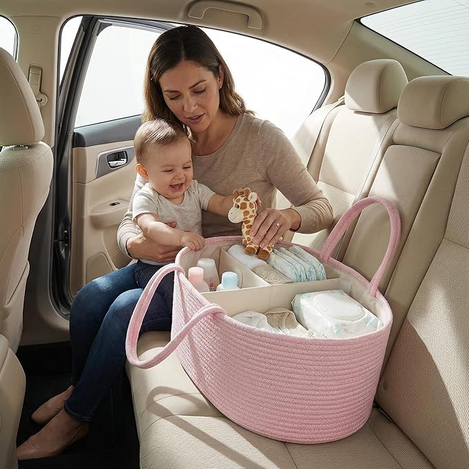 luxury little Diaper Caddy Organizer, Large Cotton Rope Nursery Baby Basket, Changing Table Organizer for Baby Diaper Storage, Portable Car Organizer Removable Divider (Light Pink, Extra Large)