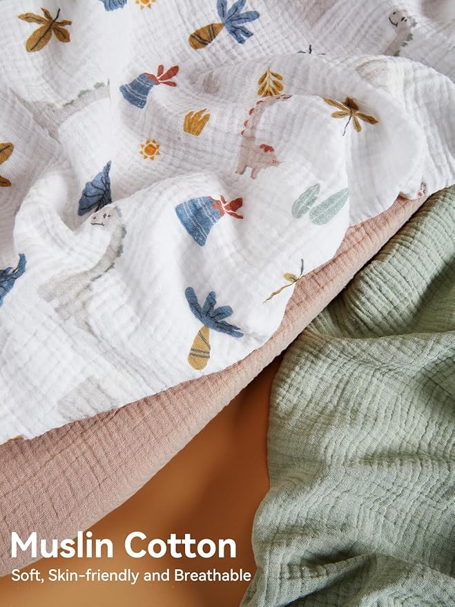 TILLYOU Muslin Changing Pad Cover for Baby Girls Boys, Soft and Breathable Cotton Diaper Changing Table Cover, 2 Pack(Dinosaur)